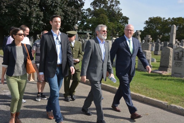 ODR Gerry Adams and Congressman Crawley walk to the Fenian Plot