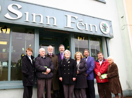 Sinn Féin President Gerry Adams with East Derry candidates Francie Brolly and Billy Leonard and election workers in Dungiven