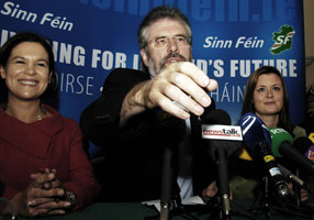Mary Lou McDonald, Gerry Adams and Joanne Spain at Sinn Féin’s final press conference of the general election campaign, Tuesday 22 May