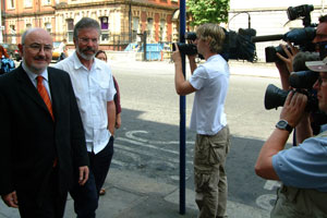 Sinn Féin President Gerry Adams MP and Cavan/Monaghan TD Caoimhghín Ó Caoláin emerge from last Saturday’s Ard Chomhairle meeting in Dublin