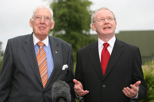 Ian Paisley and Minister Martin McGuinness speaking before the meeting of the All Ireland Ministerial Council