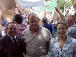 PROTEST: Sinn Féin MEP Bairbre de Brún and Councillor Pádraig Mac Lochlainn with North Louth/South Armagh farmer Henry McIlroy outside Government Buildings on Monday