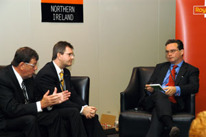 DEBATE: Pictured at the Champ Breakfast debate on 22 September in the Midland Hotel, Manchester, a fringe event at the British Labour Conference, are Ministers Pat Doherty (Sinn Féin), Jeffrey Donaldson DUP and Gary Gibbon of Channel 4