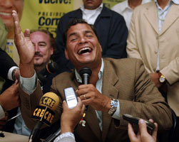 MANDATE: A joyous President Rafael Correa after his party’s 2007 poll win