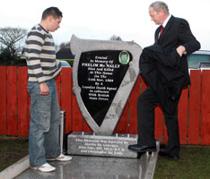 Christopher McNally with Martin McGuinness at the unveiling of memorial to Phelim McNally