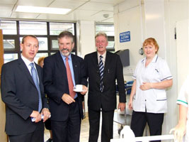 THE WAY FORWARD: Gerry Adams with Sinn Féin Cllrs John Dwyer and Maurice Roche on a visit to Wexford General Hospital