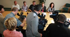 PRESS CONFERENCE: Paul Maskey and Gerry Adams accompany members of Harry Holland’s family; Pauline Holland, Sarah Holland and Geraldine McAteer
