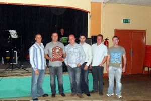 CONQUERORS: The winning team is Ciaran Hughes, Seán Hughes jnr, Stephen Rocks, Paddy Muldoon, and John O'Hara. The Brian Keenan Shield was presented by Banjo Bannon.
