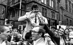 Gerry Doherty on the shoulders of his supporters after being elected to Derry Council in 1985
