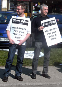 Eoin Ó Broin and Tommy Grant of Clondalkin Sinn Féin protest outside Green Dayz headshop