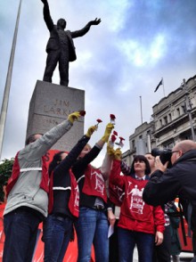 Siptu cleaners at Jim Larkin statue
