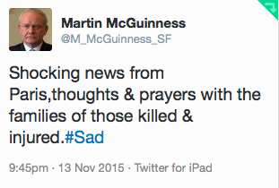 Paris attacks, McGuinness tweet, 13 Nov 2015