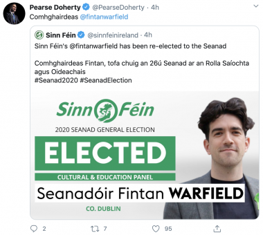 Sinn Féin Finance Spokesperson Pearse Doherty congratulating Senator Warfield earlier today