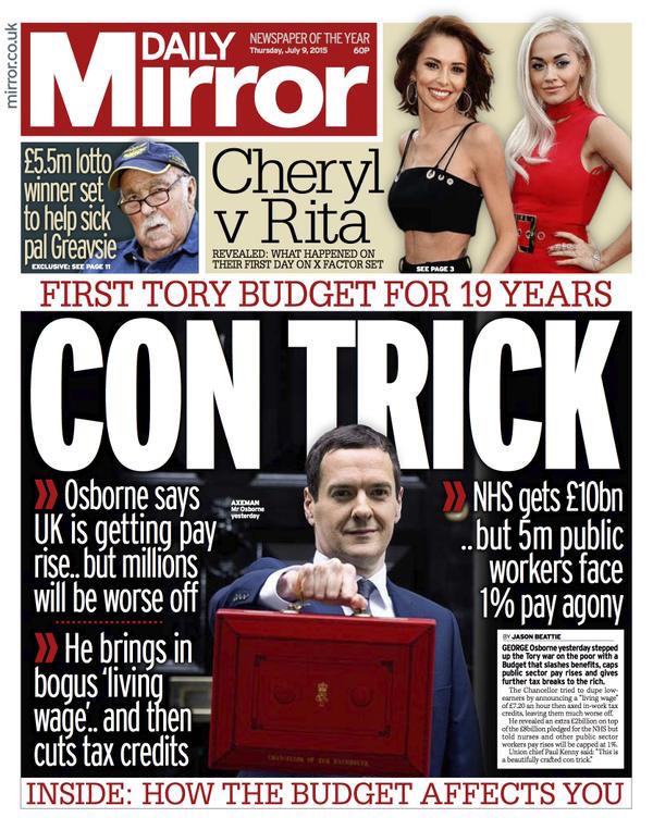 Tory Budget 2015 Daily Mirror cover