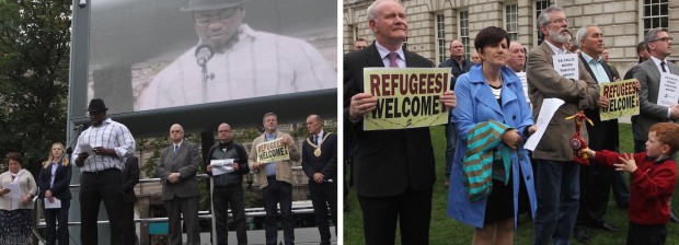 Refugees rally, Belfast Sept 2015 – Platform and McGuinness reps