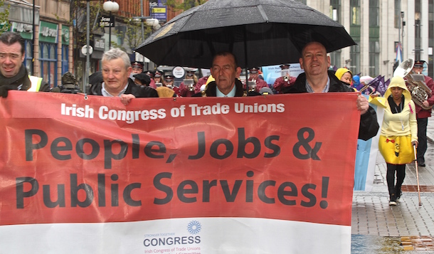 Trade union leaders John Douglas and Peter Bunting with Sinn Féin Mayor of Belfast Arder Carson