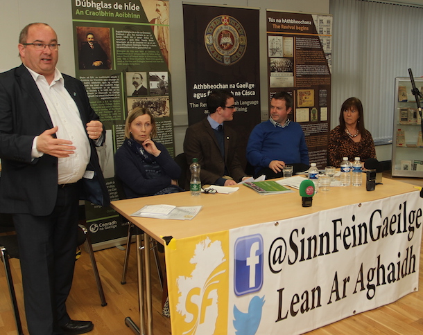 Senator Trevor Ó Clochartaigh, Linda Ervine from the East Belfast Mission, Dr Pádraig Ó Tiarnaigh of Conradh na Gaeilge, and Dr Malachy O'Neill from the University of Ulster