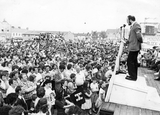 Caoimhghín Ó Caoláin addresses a campaign rally for H-Blocks Hunger Striker Kieran Doherty, who was elected a TD in 1981