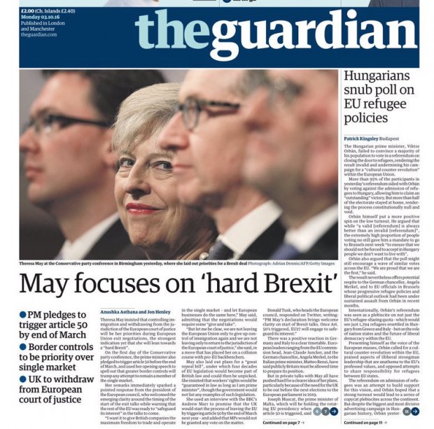 Hard Brexit – Theresa May, Oct 2016 (Guardian)