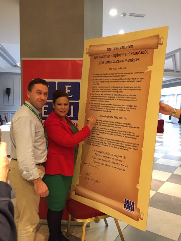 Sinn Féin deputy leader Mary Lou McDonald is the first TD to sign the Workers’ Rights Charter at TEEU conference ‘Constructing the Recovery’