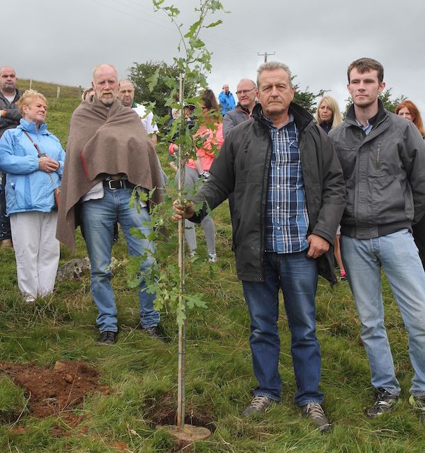 2016 H35 tree-planting Ian Milne, friend and comrade of Francis Hughes, with Galway youth activist Conor Dowling and Blanketman Ginger McCoubrey