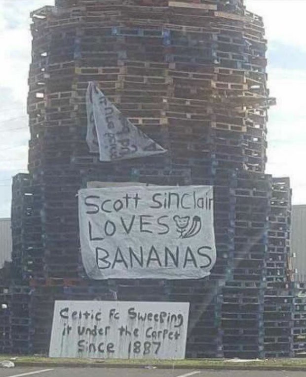 Twelfth 2017 Eleventh Night bonfire with racism re Celtic