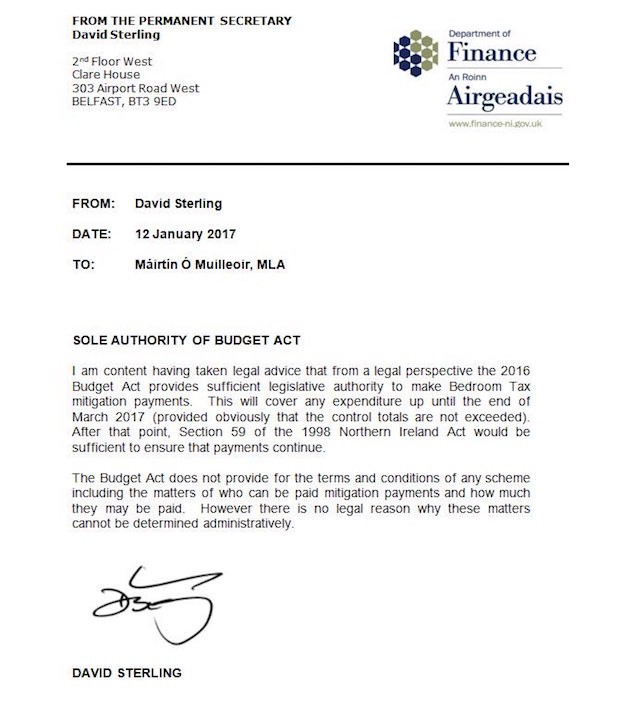 Bedroom Tax Stormont Dept Finance letter Jan 2016