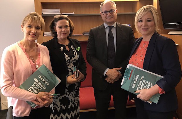 Martina Anderson MEP, Mary Lou McDonald TD and Michelle O’Neill MLA with European Parliament Brexit Steering Group rep Roberto Gualtieri in Strasbourg on Monday 15 May