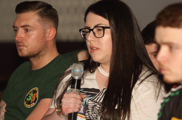 VfP Bronach Ní Bhrolacháin of the Mairéad Farrell Republican Youth Committee raises a point, March 2017