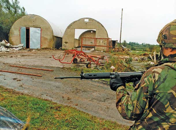 The scene of the killing where Volunteers Dessie Grew and Martin McCaughey were shot dead at an agricultural shed in rural County Armagh