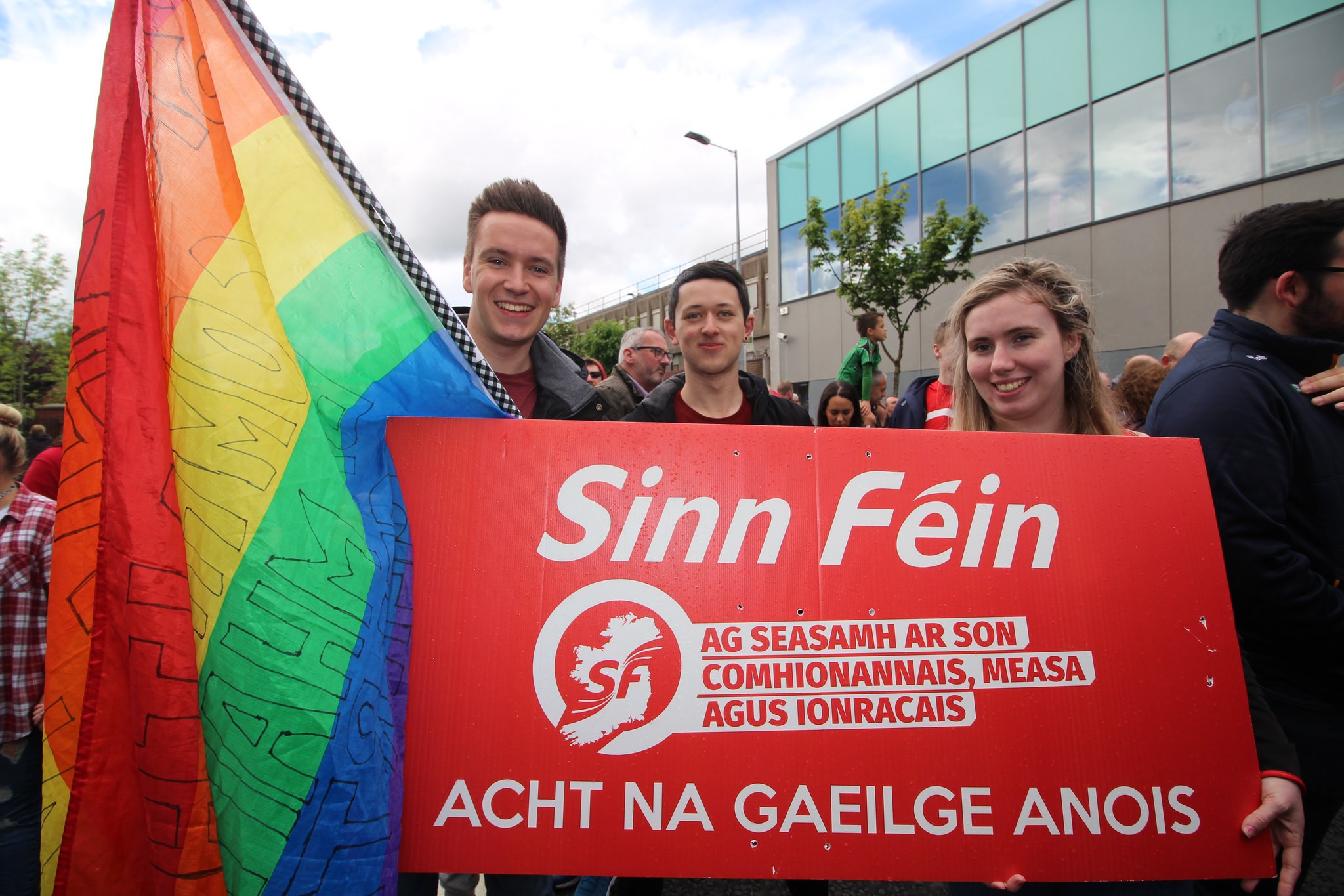 Sinn Féin activists campaigning for marriage equality and an Irish language act.