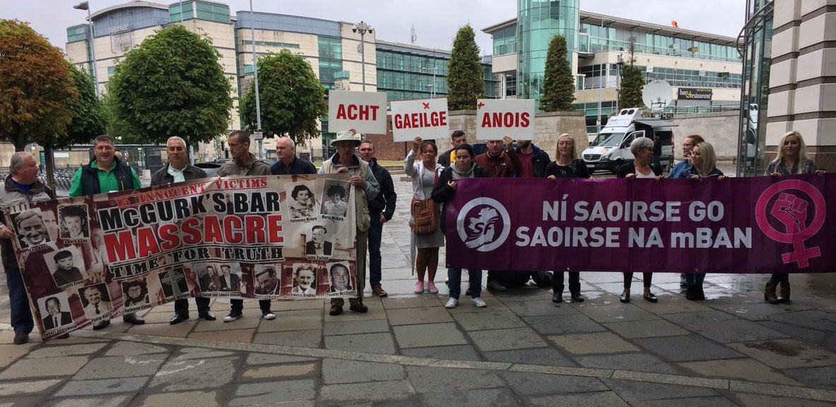 Protestors at the Waterfront Hall.