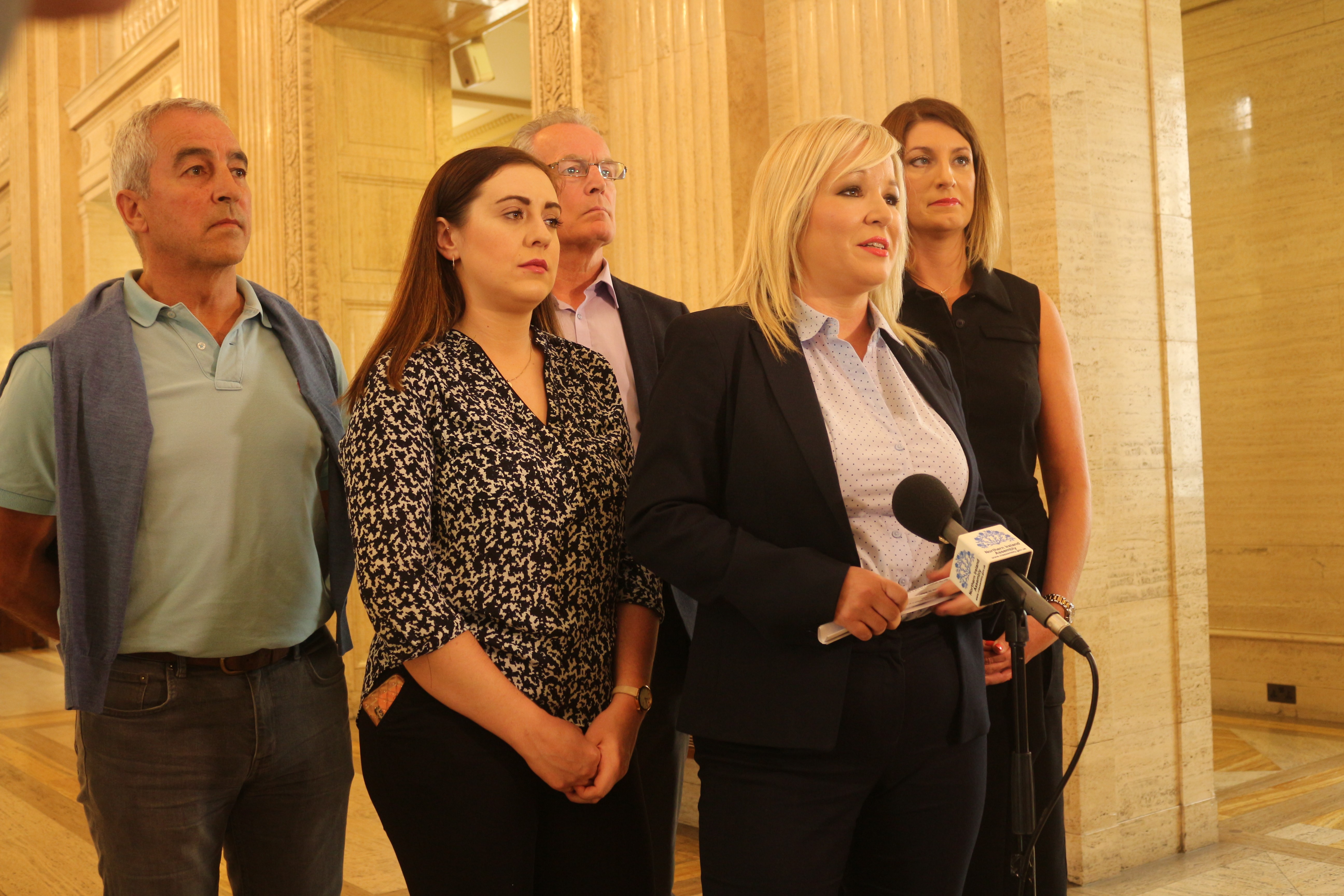 Michelle O'Neill addressing the media at Stormont.