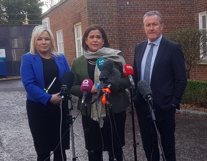 Mary Lou McDonald, Michelle O'Neill and Conor Murphy at Stormont House.