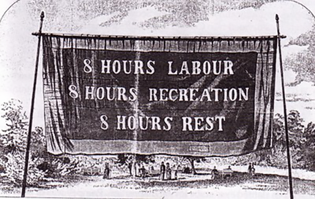 A Federation of Organised Trades and Labour Unions banner: FOTLU set 1 May 1886 as the date to demand the eight-hour day