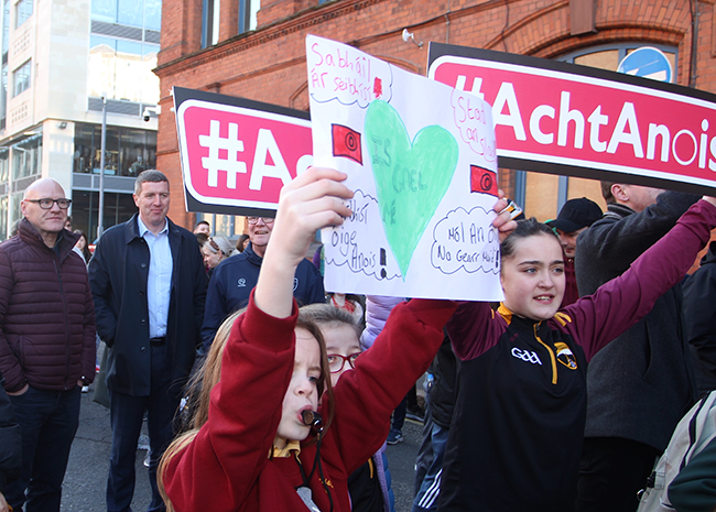 Students and pupils from the Belfast’s Irish medium schools protesting outside the Education Authority’s office on 1 March-2