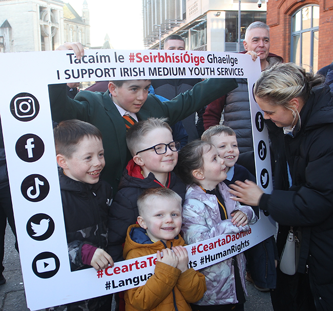 Students and pupils from the Belfast’s Irish medium schools protesting outside the Education Authority’s office on 1 March-4