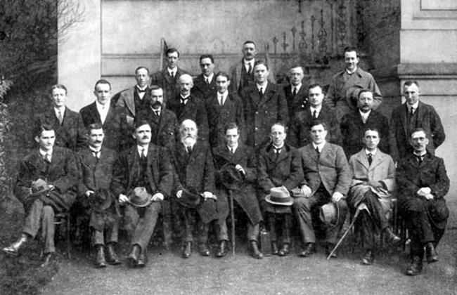 Inaugural meeting of the First Dáil Éireann in the Mansion House on 21 January 1919 – Cathal Brugha is seated in the centre