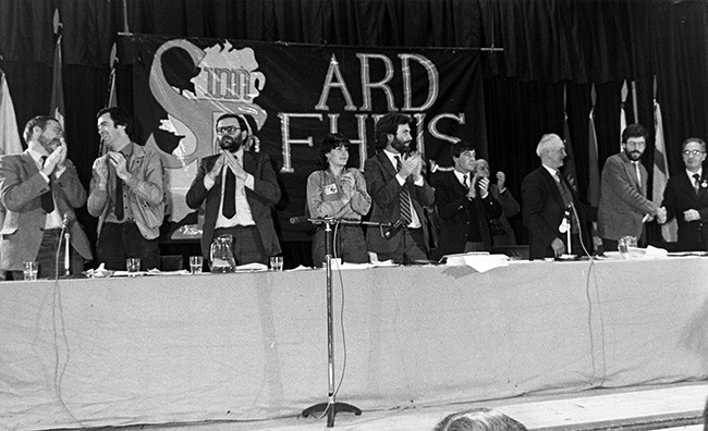 • Ruairí Ó Brádaigh congratulates Gerry Adams on his election as president of Sinn Féin