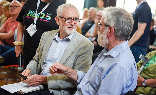 Gerry Adams and Jeremy Corbyn at the 2023 Féile