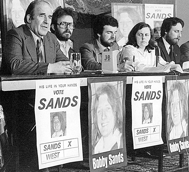 Press conference to promote Bobby Sands’ election campaign, Enniskillen, Euro-MP Neil Blaney, Jim Gibney, Owen Carron (Sands’ election agent), Bernadette McAliskey and IIP councillor Pat McCaffrey