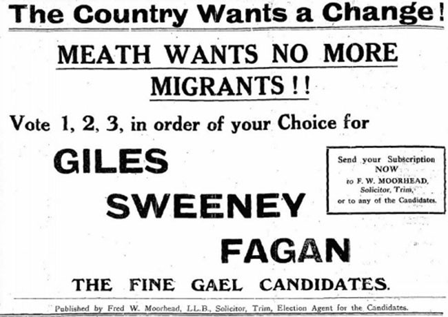 Fine Gael 1938 election leaflet opposing migration of Irish speakers to form what is now Gaeltacht na Mí, the County Meath Gaeltacht.
