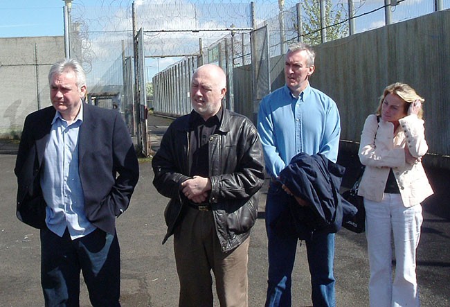 2006: Bik McFarlane, Danny Morrison, Laurence McKeown and An Phoblacht’s Ella O’Dwyer in Long Kesh yard at the prison hospital in Long Kesh