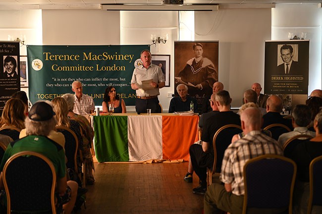 Cathal Mallaghan delivers the keynote speech at the Derek Highsted Commemoration hosted by the London Terence MacSwiney Committee
