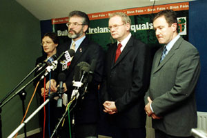 Bairbre de Brún, Gerry Adams, Martin McGuinness and Conor Murphy pictured at a news conference after Trimble reneged