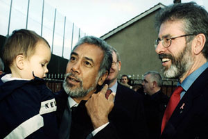 Gerry Adams shares a joke in West Belfast last week with Xanana Gusmao, President of the Democratic Republic of Timor Leste