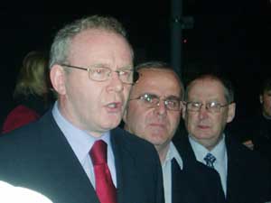 Martin McGuinness, Raymond McCartney and Dominic Doherty pictured outside Derry's Guildhall last week