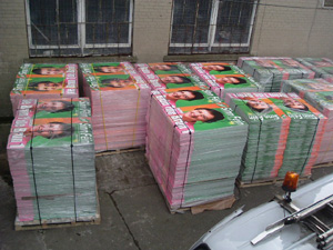 A pile of Bairbre de Brún EU election posters ready to hit the polls