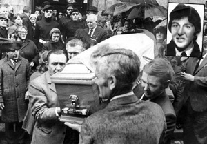 The coffin of Michael Gaughan (inset) is carried from Dublin's Procathedral in 1974