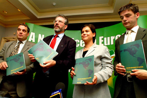 Aengus Ó Snodaigh, Gerry Adams, Mary Lou McDonald and Killian Forde at the launch of Sinn Féin's neutrality document